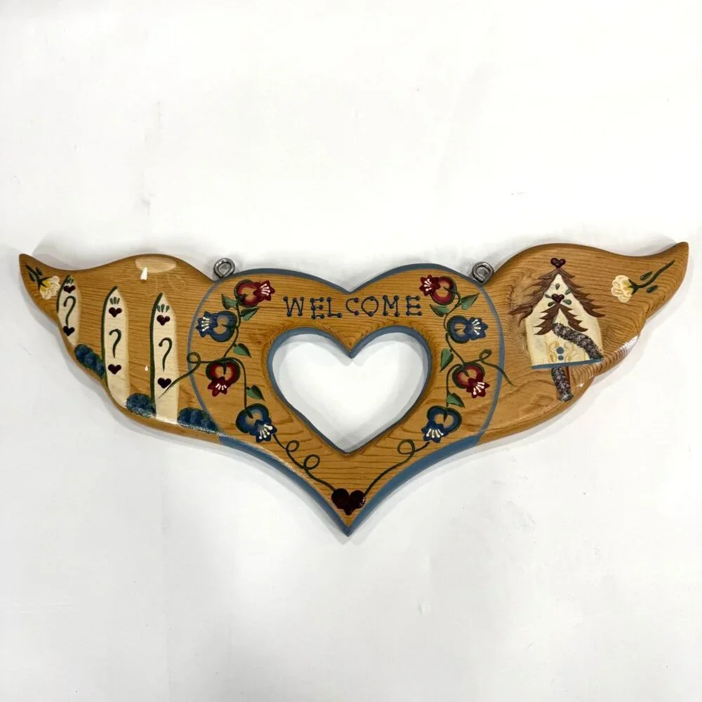 Vintage Hanging Welcome Sign Heart Painted Folk Art Floral Mexico Handcrafted